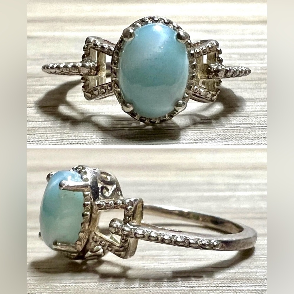 Vintage Designer Signed STS Pebbled Sterling Silver Larimar Ring, Size 5, 2.5g